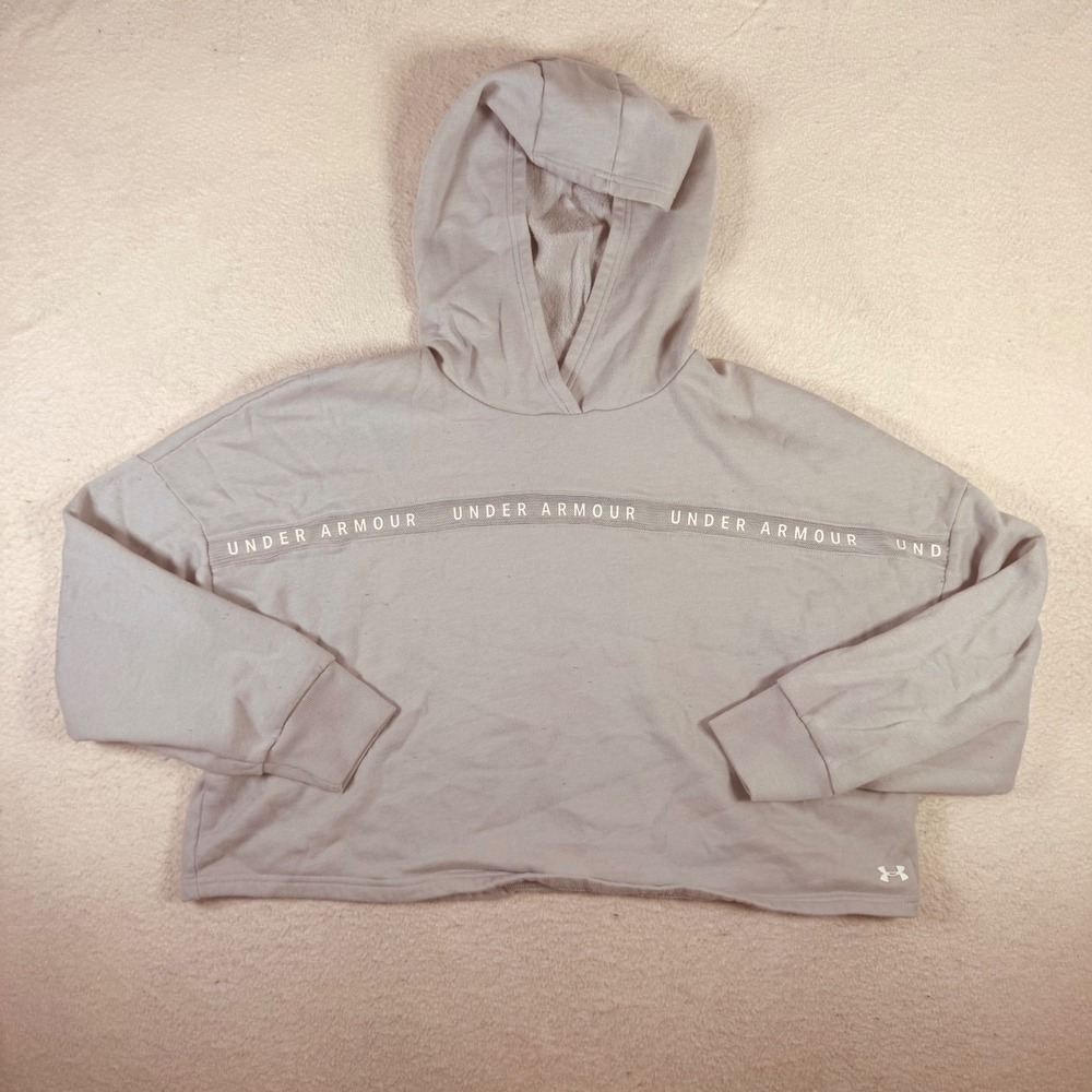 Under Armour Cropped Hoodie Womens Large Purple Good Logo Tape Fleece Loose Fit